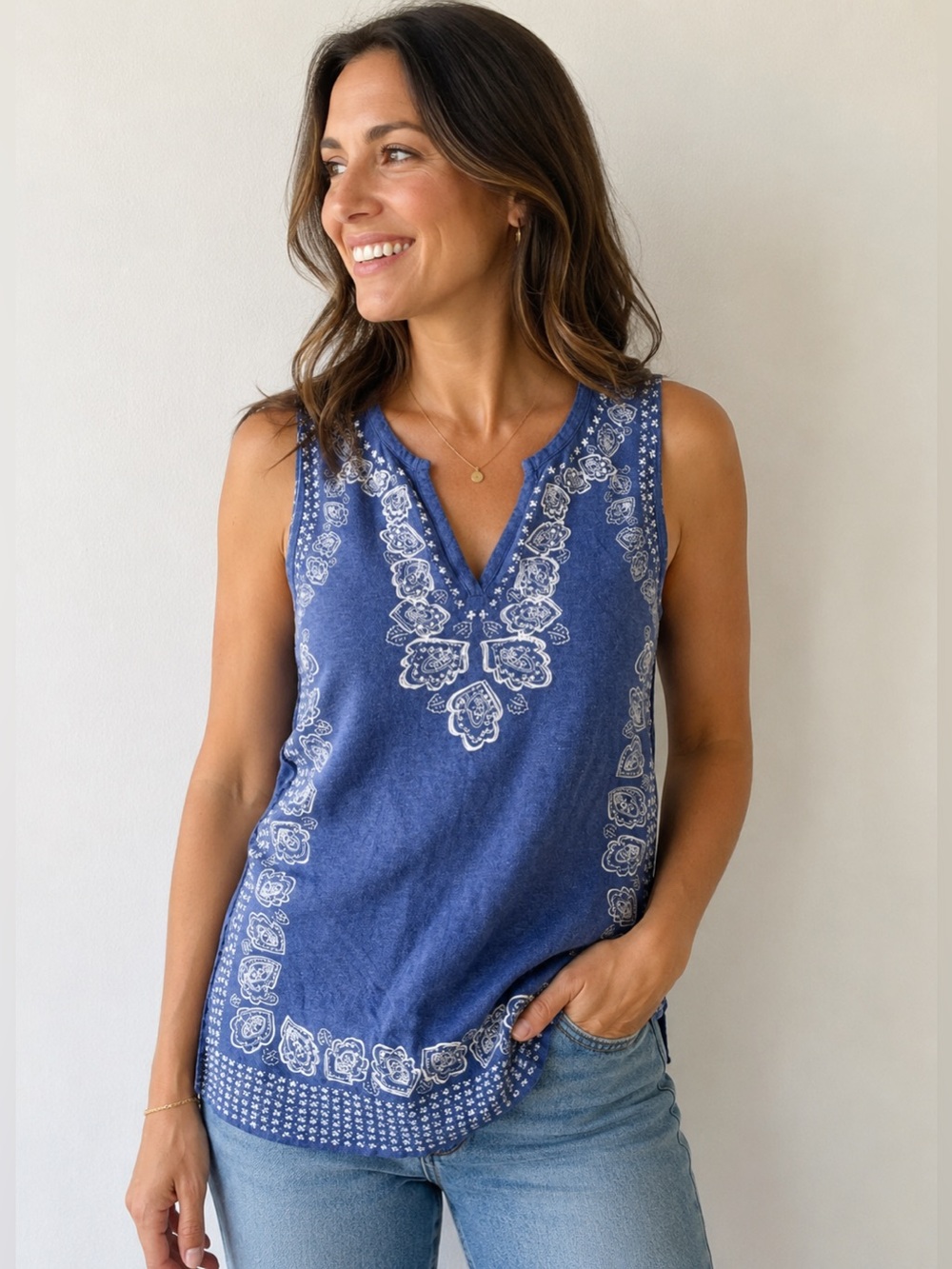 INC Blue Sleeveless Embroidered Jeweled V-Neck Tunic Size Medium - Bohemian